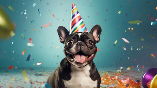 Retrato de un lindo perro con un gorro de fiesta para la celebración de cumpleaños