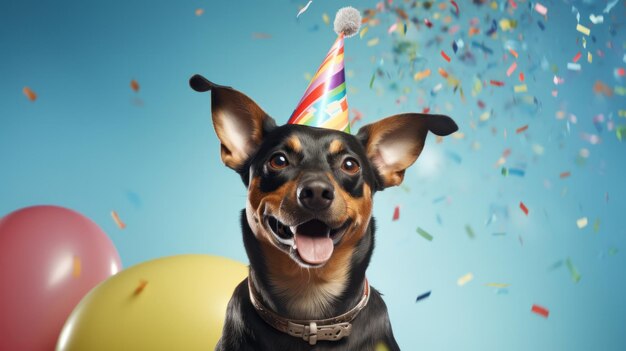 Foto retrato de un lindo perro con un gorro de fiesta para la celebración de cumpleaños