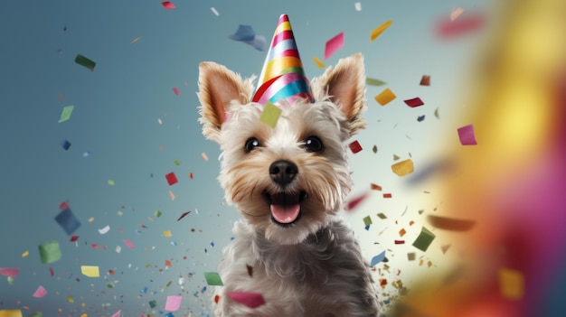 Retrato de un lindo perro con un gorro de fiesta para la celebración de cumpleaños