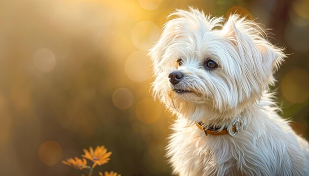 Retrato de un lindo perro maltés en el jardín de otoño