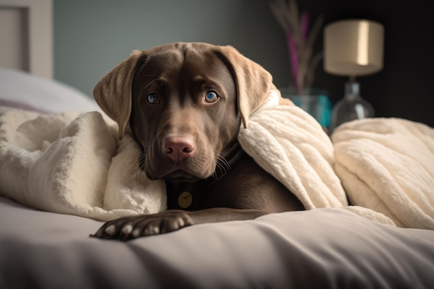 Retrato de lindo perro marrón en la cama creado con tecnología generativa de inteligencia artificial