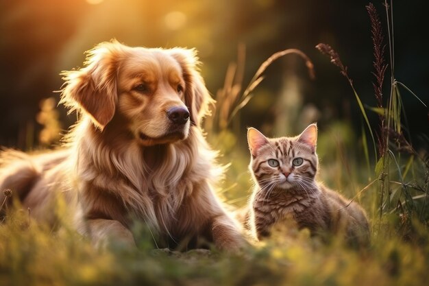 Retrato de un lindo perro mascota y un gato juntos IA generativa