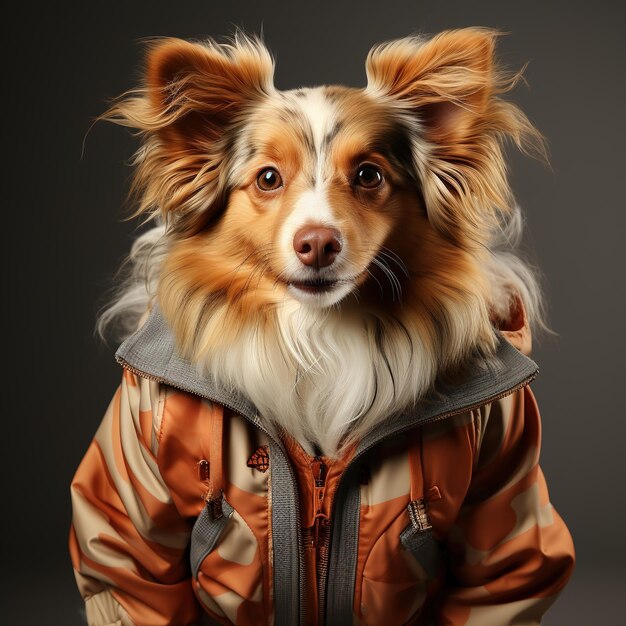 Retrato de un lindo perro en un mono naranja con cremallera