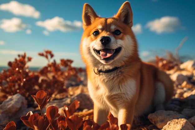 Retrato de un lindo perro de pelo rojo en la playa al atardecer cerca de un perro en el ai seagenerative