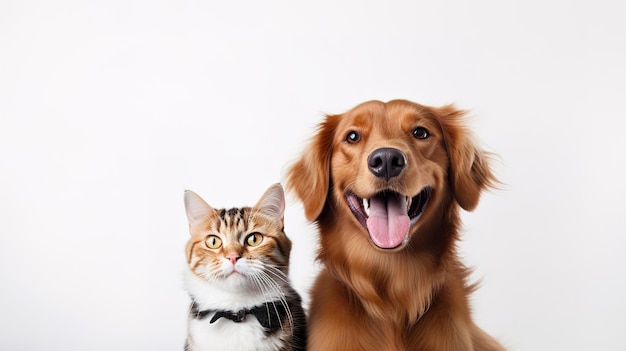 Retrato de un lindo perro peludo y un gato mirando a la cámara frente a un fondo blanco ai