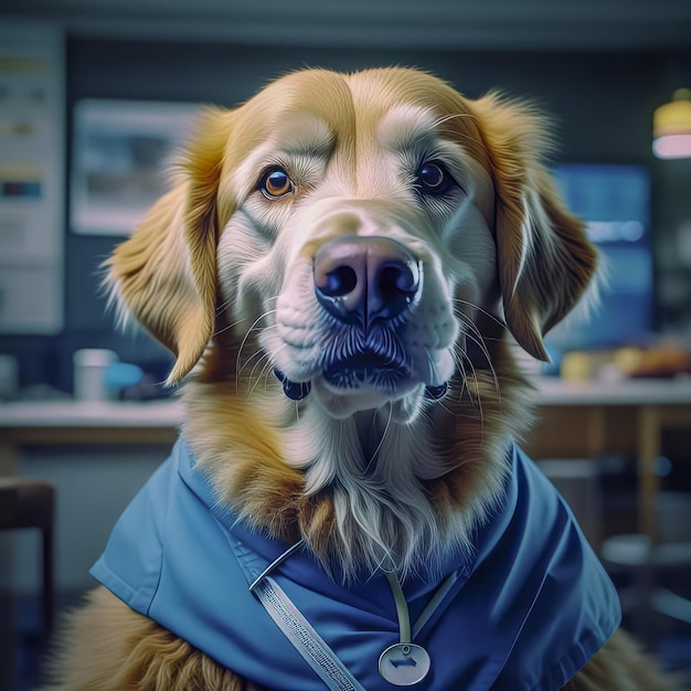 Retrato de un lindo perro con ropa médica un médico de perros en una clínica veterinaria veterinario canino
