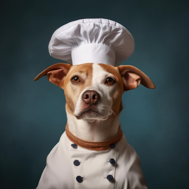 Retrato de un lindo perro con un sombrero de chef039s en un fondo oscuro