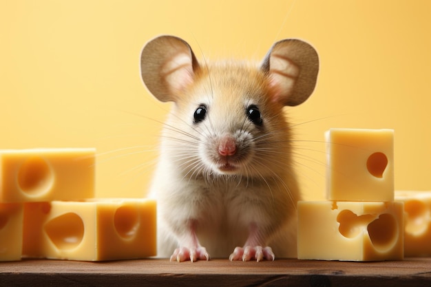 Retrato de lindo ratoncito con orejas grandes se sienta en la mesa cerca del queso amarillo mirando a la cámara