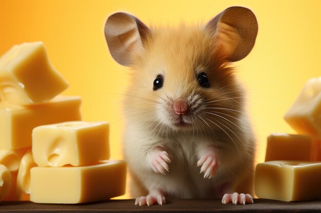 Retrato de lindo ratoncito con orejas grandes se sienta en la mesa cerca del queso amarillo mirando a la cámara