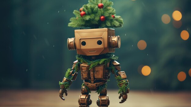 Retrato de un lindo robot anticuado decorado con ramas de abeto y bolas de Navidad