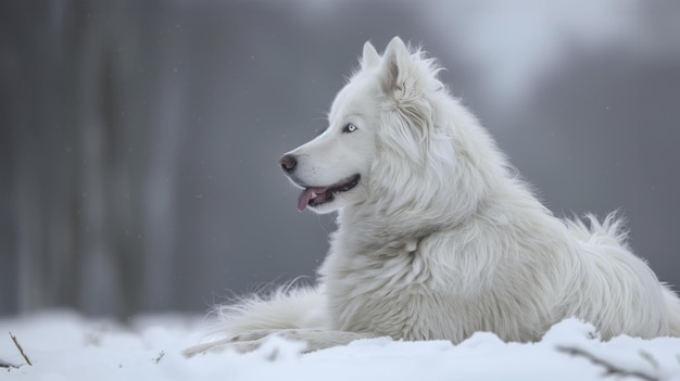 Retrato de un lobo albino en la vida silvestre tendido en la temporada de invierno de nieve blanca