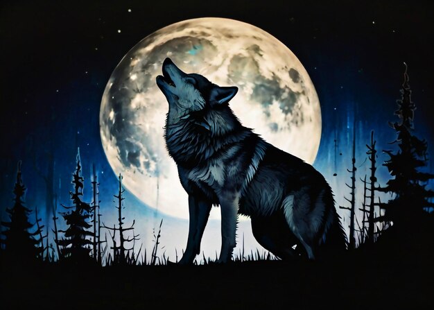 Retrato de un lobo aullador con una luna en la imagen de fondo