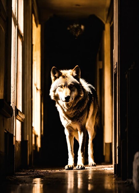 Retrato de un lobo en un corredor oscuro por la noche