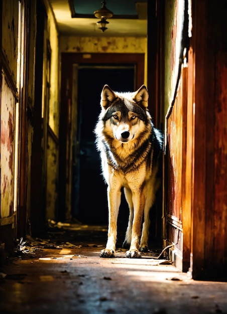 Retrato de un lobo en un corredor oscuro por la noche