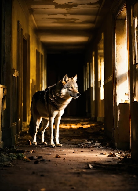 Retrato de un lobo en un corredor oscuro por la noche