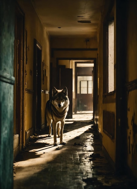 Retrato de un lobo en un corredor oscuro por la noche