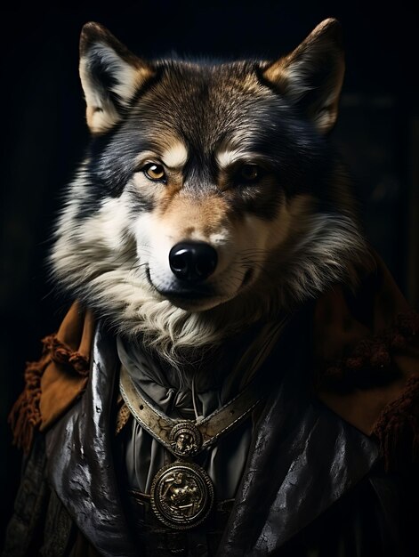 Retrato de un lobo elegantemente vestido hace una pose confiada con un carácter antropomórfico