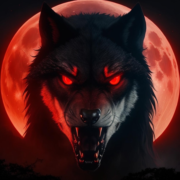 Foto retrato de un lobo frente a una luna llena roja generada por ia