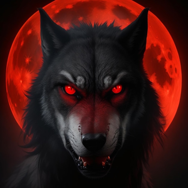 Retrato de un lobo frente a una luna llena roja generada por IA