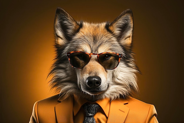 Retrato de un lobo con gafas de sol con traje y corbata en un fondo sólido IA generativa