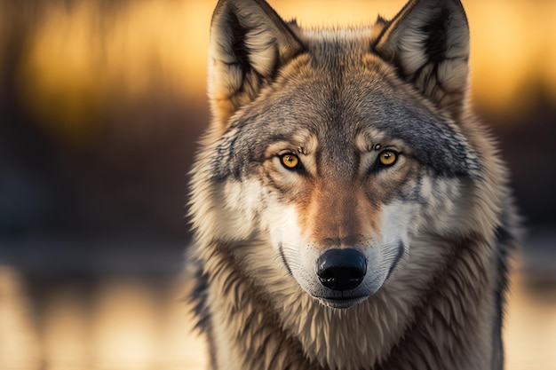 Retrato de un lobo gris salvaje en un hábitat generativo de bosque natural ai