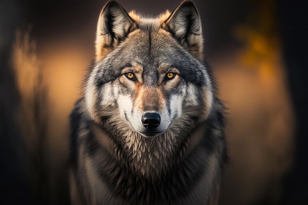 Retrato de un lobo gris salvaje en un hábitat generativo de bosque natural ai