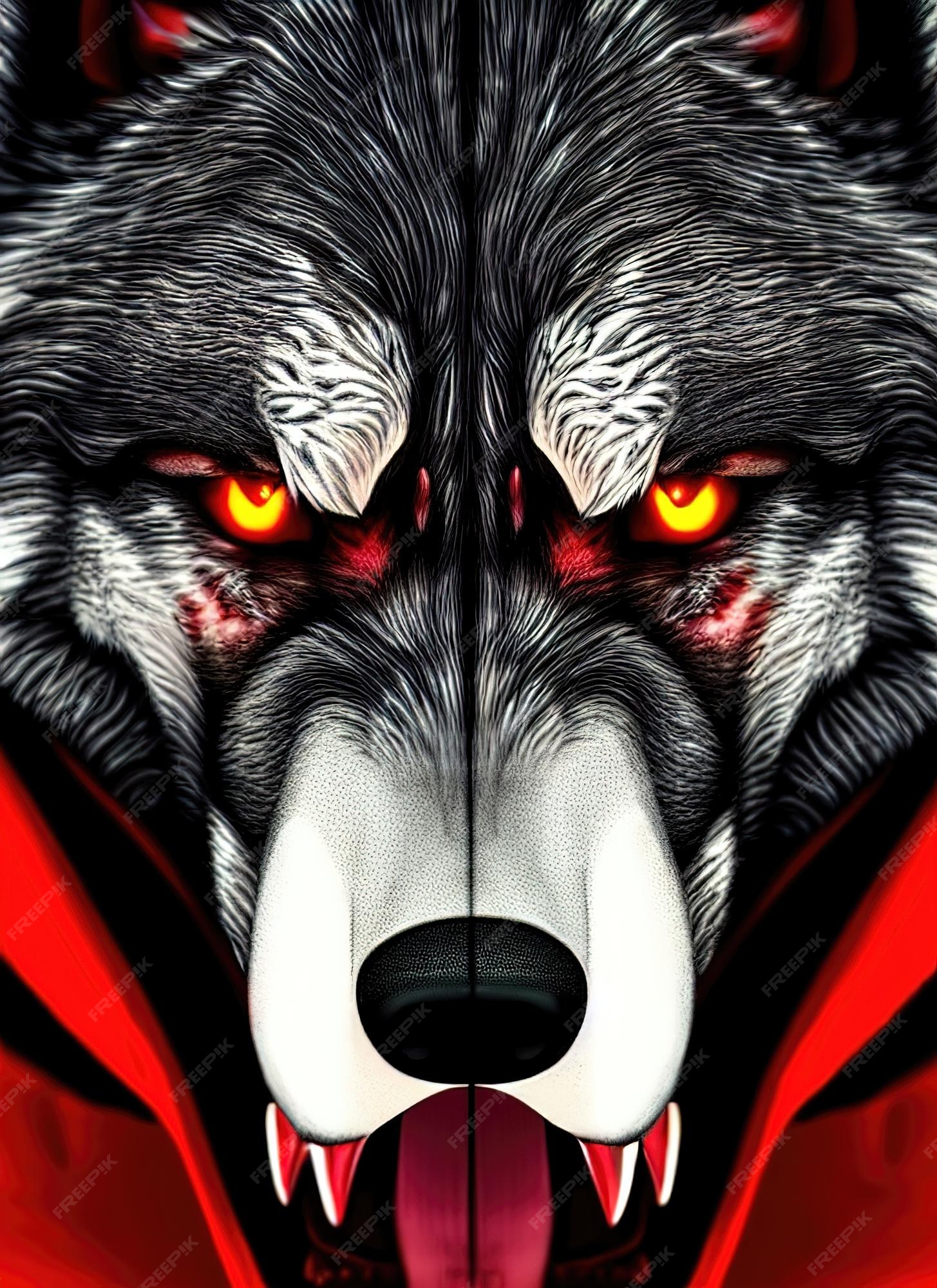 Retrato de lobo malvado brutal ojos de lobo que brillan intensamente  ilustración 3d de cabeza grande de color rojo | Foto Premium