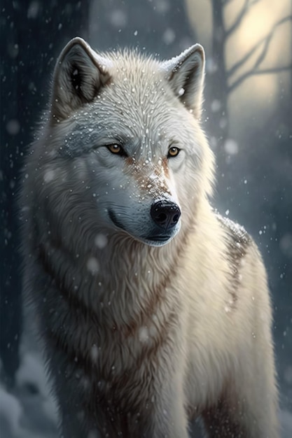 Retrato de lobo con nieve cayendo creado con tecnología de IA generativa