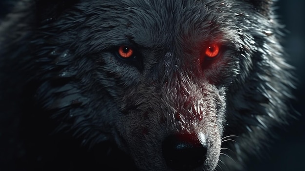 Retrato de un lobo con ojos rojos en el bosque por la nochegenerativo ai