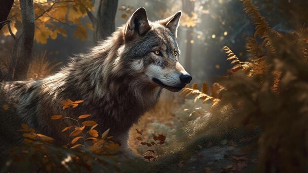 Retrato de un lobo en el otoño forestgenerative ai