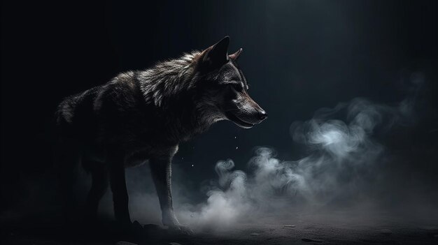 Retrato de un lobo sobre un fondo negro con humo y ai generador de niebla