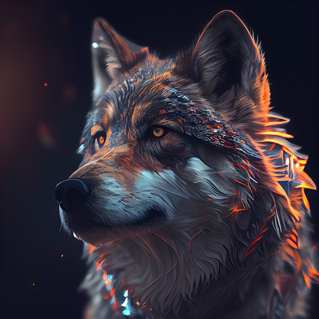 Retrato de un lobo sobre fondo negro Pintura digital