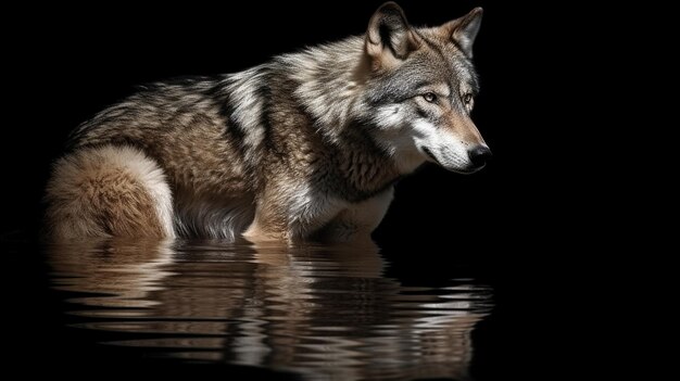 Retrato de un lobo sobre un fondo negro con reflejo en el ai generador de agua