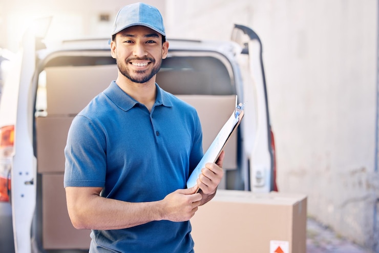 Foto retrato logístico y hombre de entrega con portapapeles por lista de comprobación de automóviles e inspección de pedidos empleado masculino al aire libre y comercio electrónico con cajas de documentos y servicio de envío para compañía de mensajería