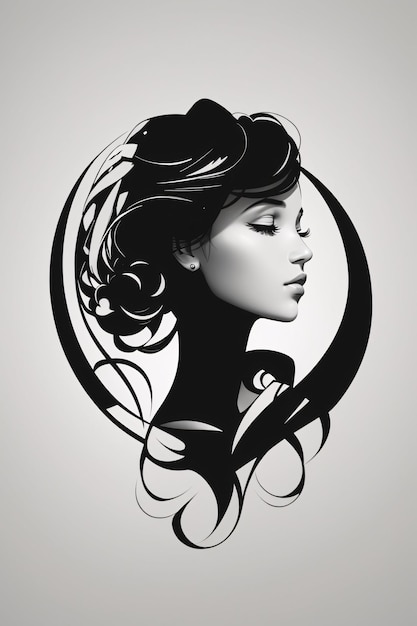 Retrato de logotipo de ilustración plana de mujer elegante en blanco y negro
