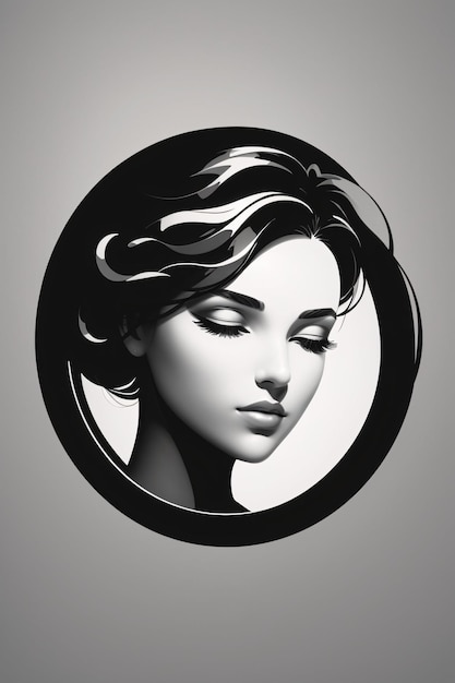 Retrato de logotipo de ilustración plana de mujer elegante en blanco y negro