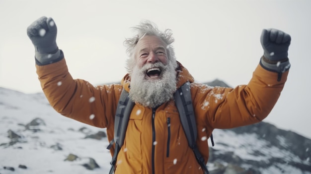 Retrato de logro de senderismo Hombre anciano riendo y celebrando en la cima de una montaña