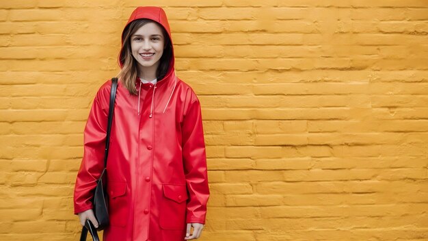 Un retrato de longitud completa de una chica de moda brillante en un impermeable rojo sosteniendo una bolsa negra en amarillo