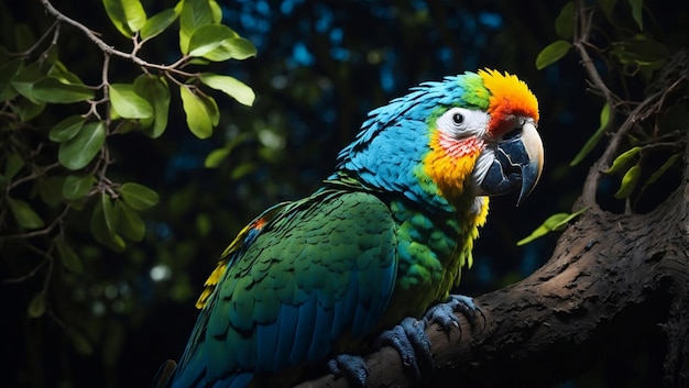 Foto un retrato de un loro en un árbol con iluminación bioluminescente