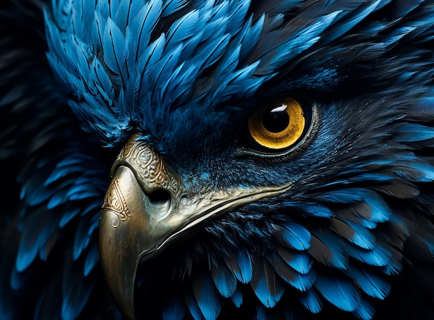 Retrato de un loro de colores con plumas azules y doradas