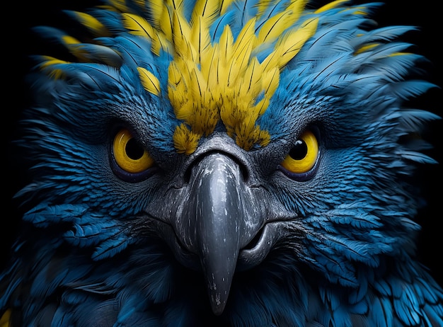 Retrato de un loro de colores con plumas azules y doradas