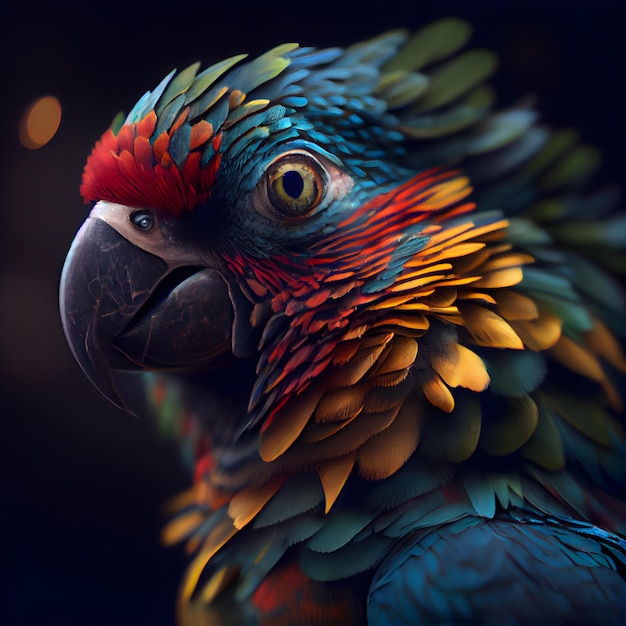 Retrato de un loro guacamayo colorido sobre un fondo oscuro