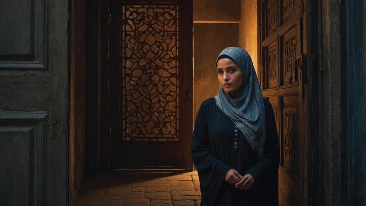 El retrato luminosamente elegante de una mujer con un hijab abriendo su puerta con gracia