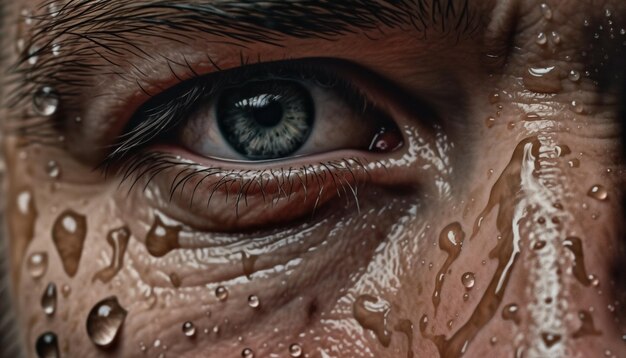 Retrato macro de olho caucasiano adulto molhado com reflexo de gota de chuva gerado por inteligência artificial