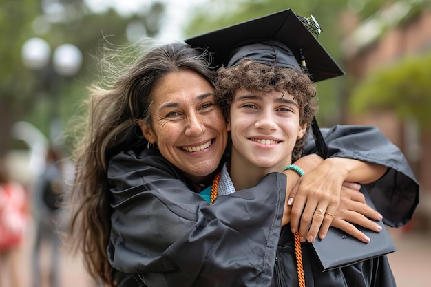 Retrato de una madre abrazando a su hijo graduado en su día de convocatoria con un hermoso telón de fondo borroso y espacio para texto o producto