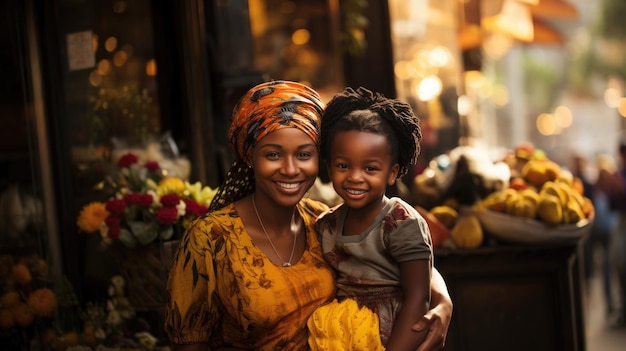 Retrato de madre africana e hija sonriendo a la cámara en la calle IA generativa