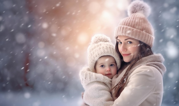 retrato de una madre alegre y un niño pequeño juntos en el parque de invierno cuando cae la nieve copia el espacio