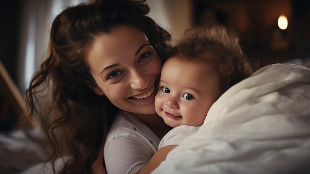 Retrato de una madre amorosa sonriendo con un bebé Generativo Ai