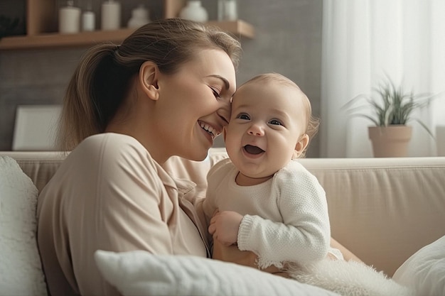 Retrato de una madre amorosa sonriente con un lindo bebé feliz en casa creado con IA generativa