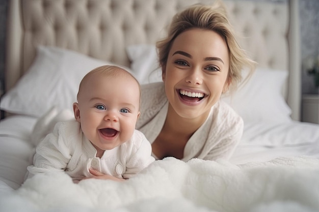 Retrato de una madre amorosa sonriente con un lindo bebé feliz en casa creado con IA generativa